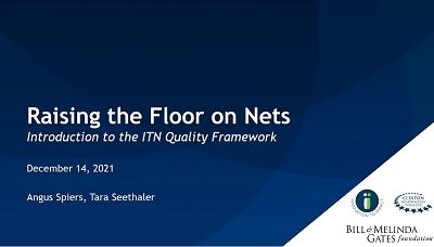 Blue Introductory slide for the Raising the Floor on Nets Convening showing presenters names, Angus Spiers and Tara Seethaler, on the bottom left and WHO, I2I, and BMGF logos on the bottom right