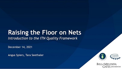 Blue Introductory slide for the Raising the Floor on Nets Convening showing presenters names, Angus Spiers and Tara Seethaler, on the bottom left and WHO, I2I, and BMGF logos on the bottom right