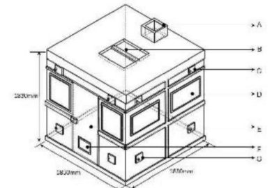 Black and white drawing of the PEET Grady test chamber with measurements showing a cube structure with multiple square openings on each side and on the roof.