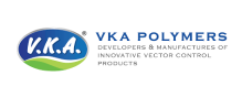 Oval to the left of the image that is blue at the top and contains the letters 'V.K.A'. Underneath is a white wavy line with green below it. On the right side of the image is blue text that says 'VKA POLYMERS and below it on three lines is the text 'DEVELOPERS & MANUFACTURERS OF INNOVATIVE VECTOR CONTROL PRODUCTS' in black.